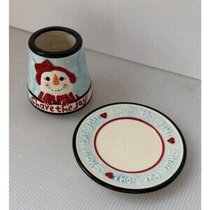 2 Pc Candle Jar Shade And Plate Set Snowman Snow Girl Tea Light Christmas decor
